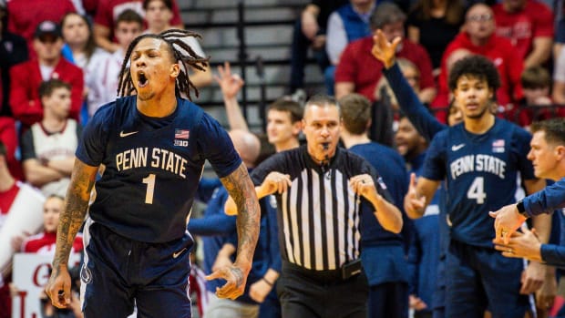 Penn State's Ace Baldwin Jr. celebrates a second-half 3-pointer in the Nittany Lions' win over Indiana at Assembly Hall.